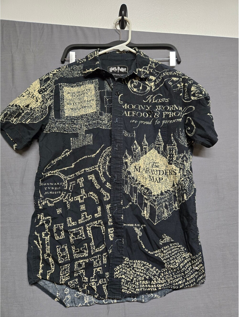 Harry Potter Marauders Map Black Short Sleeve Button Front Shirt XS